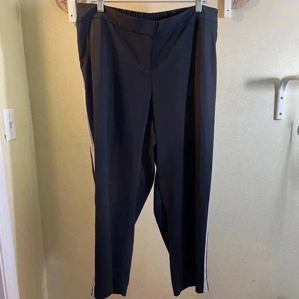 Lane Bryant Black W/ White Stripe Elastic Back Flat Front Pants Cropped Sz 14/16